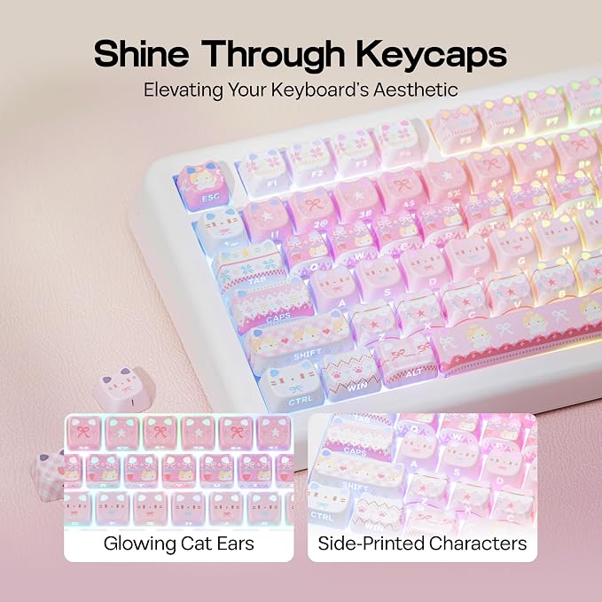 KiiBOOM Cute Cat Keycaps Set, Mao Profile, PC+ABS Keycap for MX Switches Mechanical Keyboard, Compatible with 60%, 65%, 75%, TKL, 96%, Full-Sized Layout (Pink Meow)