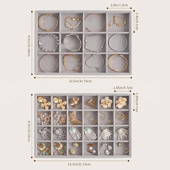 Jewelry Trays for Drawer,Set of 2 Jewelry Organizer and Storage | Velvet Material,Stackable,Adjustable Dividers,Drawer Inserts for Rings Studs Bracelet,Earring Organizer for Women Girls