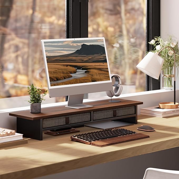 Fenge 35 Inch Monitor Stand with Drawer Storage, Computer Riser for Desk | Wooden Computer Shelf, 2 Tiers, for Dual Monitor/Laptop/PC/TV/Printer up to 55Lbs, Home Office Desk Organizer