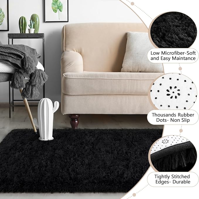 HOMORE Runner Rugs for Bedroom 2x10 Black Rug for Bedroom Bedside Soft Fluffy Area Rugs for Living Room Indoor Entrance Door Mat, Long Runner Rugs and Carpets for Dorm Nursery