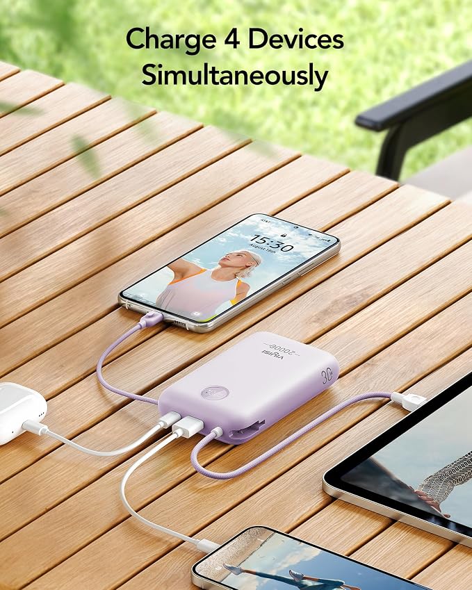 VIYISI Portable Charger 20000mAh 30W Fast Charging, Power Bank with Built-in Cables & LED Display, USB C Battery Pack for iPhone 17/16/15/14, Samsung, iPad and Android Phones, Travel - Purple