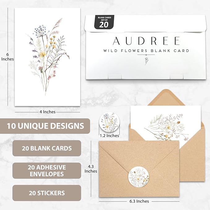 AUDREE 50 Pack Blank Cards with Envelopes 4"x6" - Watercolor Wildflower Greeting Cards with Matching Stickers - Blank Note Cards for All Occasions