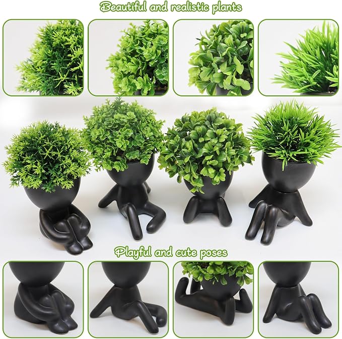 MAKHOT 4PCS Cute Artificial Mini Succulent Plants with Creative Human Shaped Pots, Small Fake Plants for Shelf Desk Tabletop Office Home Decoration(Black)