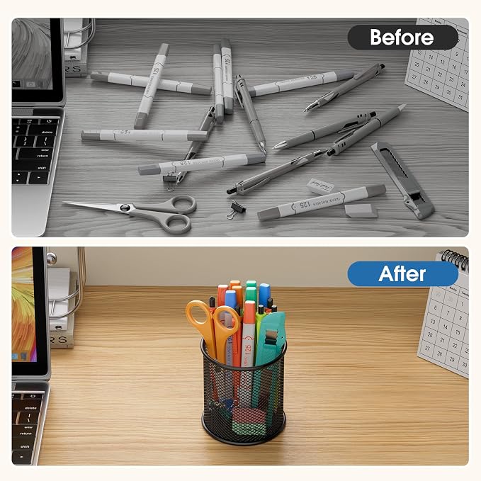 MaxGear Pen Holder for Desk 3 Pack,Mesh Metal, Non-Slip EVA Pad, 3.7’’ Tall | Black, ABS-coated, Steel Wire, Desk Accessories & Workspace Organizers, For Home School Office