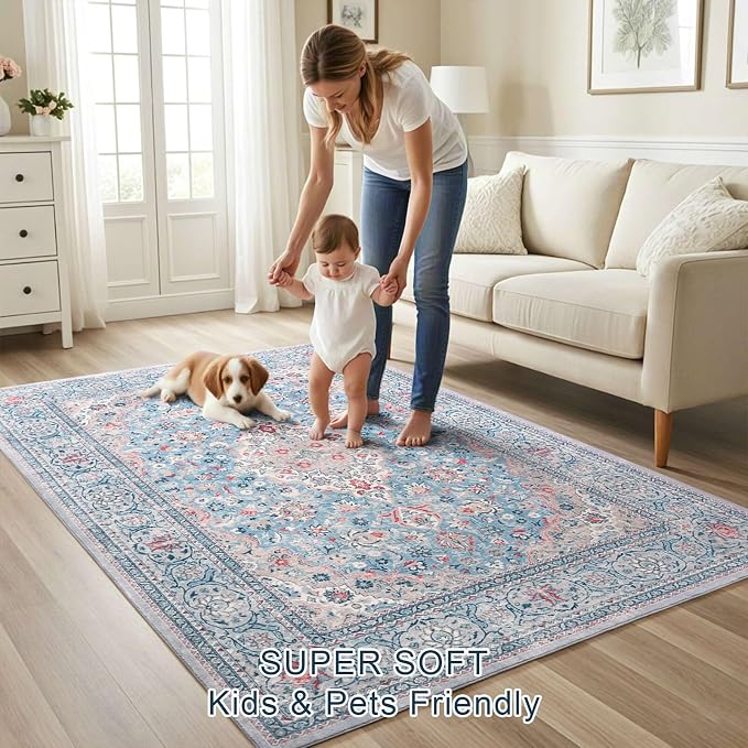 4x6 Blue Washable Boho Area Rug for Bedroom, Vintage Floral Non Slip Living Room Rugs, Soft Low Pile Indoor Mat, Aesthetic Pattern Carpet for Kitchen, Dining Room and Bedside
