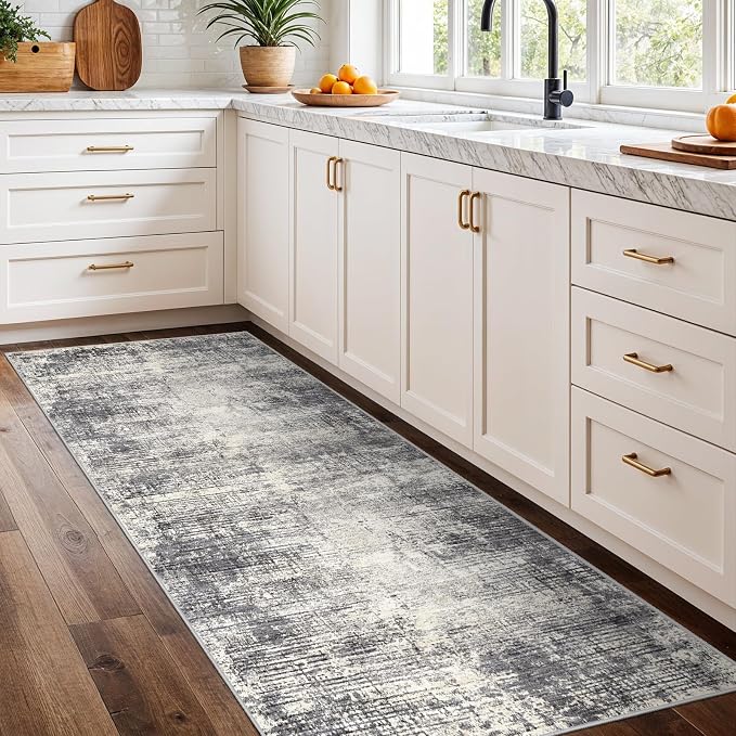 2x6 Hallway Washable Runner Rug - Non-Slip Kitchen Rugs with Rubber Backing Abstract Neutral Low-Pile Carpet Runners for Laundry Room Home Decor Bedroom Bathroom Entryway (Gray Beige,2x6)