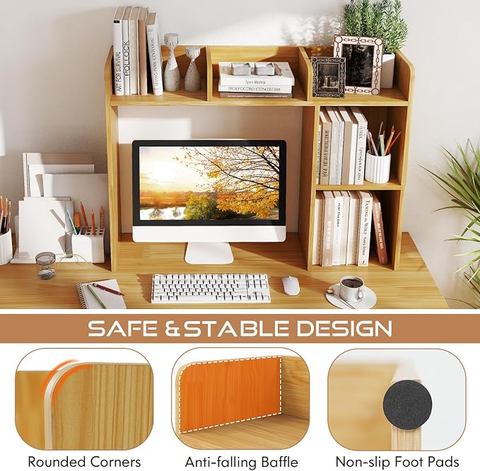 Tangkula Desktop Bookshelf, Countertop Storage Hutch with Shelves for Computer Desk, Desk 3-Tier Display Rack, Multipurpose Wood Desktop Hutch Storage Organizer for Dorm Office