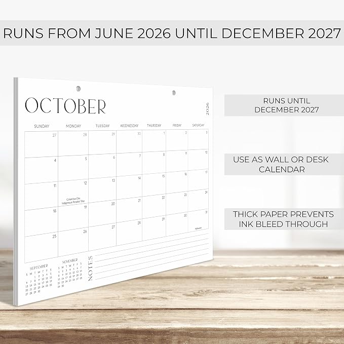 Aesthetic 2026-2027 Desk Calendar - Runs From June 2026 Until December 2027 - Large Minimalistic Office Desktop/Wall Calendar 16"x12" for Easy Organizing