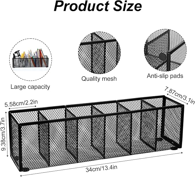 2 Pcs Black Metal Mesh Desk Organizer Pen Holder 6 Compartments Pencil Holder for Desk, pen organizer for Office Supplies, Pencil Caddy, Makeup Brush Storage, Home and Classroom Accessories