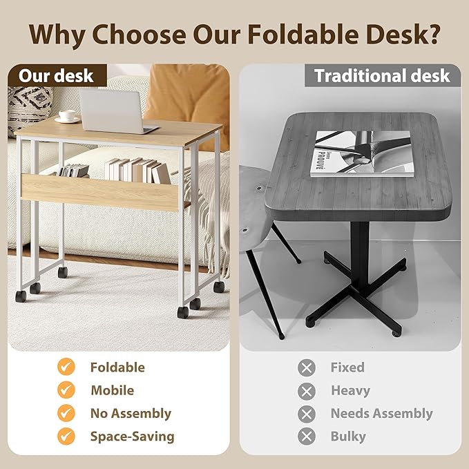 Folding Desk Small Rolling Desk with Storage Shelf,24.8 Inch Foldable Computer Table with Wheels,Portable Office Desk for Small Space Sofa Table,Easy to Fold,Writing Work Office Computer Desk,Oak
