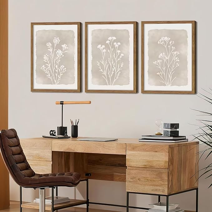 Framed Boho Botanical Flower Wall Art Set of 3, Vintage Minimalist Neutral Floral Wall Decor Paintings, Rustic Farmhouse Wildflower Artwork Prints Picture for Living Room Bedroom Bathroom 12x16 Inch