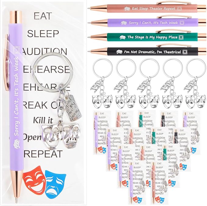 Sayglossy 24 Set Theater Gifts Drama Mask Keychain Ballpoint Pen with Quotes Comedy Tragedy Mask Theatre Keychain Performer Theatre Lover Gift for Women Men Friends Actors Drama Students Reward