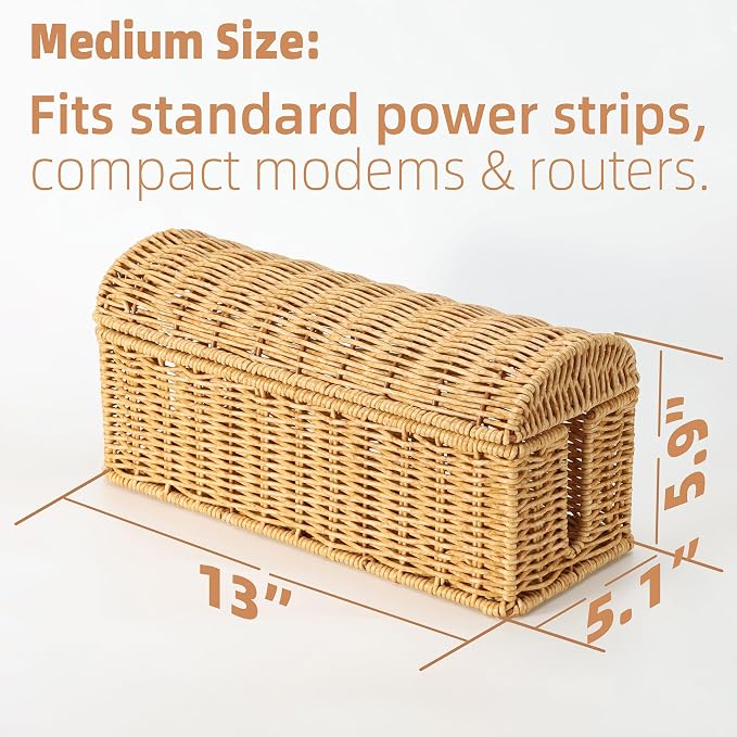 Rattan Cable Management Box, Ventilated Cord Hider with Flip Lid | Hand Woven Craft, Ventilated Heat Dissipation, Easy Access Protective Curved Flip Lid, Boho Woven Decor for Home and Office
