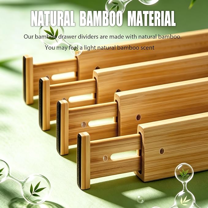 4 Pack Bamboo Drawer Divider, 17-22" Adjustable Organizers | Expandable bamboo separators, firm spring design, great for kitchen, dresser, closet, bathroom and bedroom organization