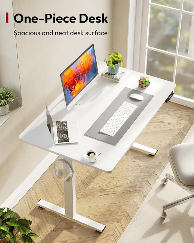 SANODESK One-Piece Electric Standing Desk, Seamless 48 x 30'' Ergonomic Height Adjustable Sit Stand Desk with Memory Presets for Home Office Computer Workstation, White Frame/White Top