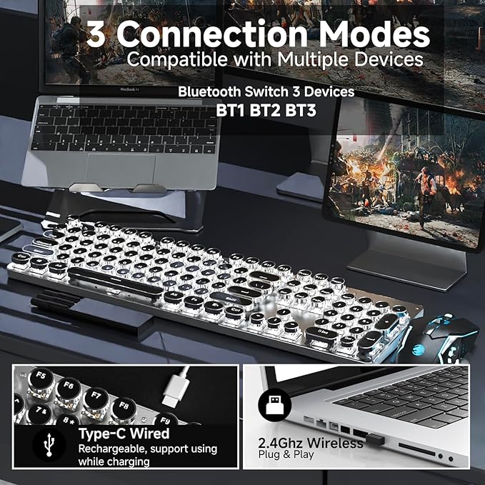 EWEADN TK950 Typewriter Mechanical Keyboard and Mouse, 104 Keys Aesthetic Typewriter Keyboard Mouse Combo with White Backlit, Anti-Ghosting, Black Switch Bluetooth/2.4GHz/Wired Cute Keyboards-Black