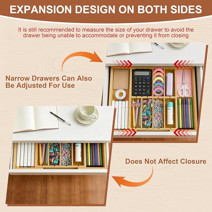 TREWAVE Bamboo Desk Drawer Organizer, Expandable Drawer Organizer Tray | 12.6" - 15.6" Wide, with Adjustable Dividers, Wooden Storage Organizers for Office Supplies, Crafts, Makeup & Kitchen Cutlery