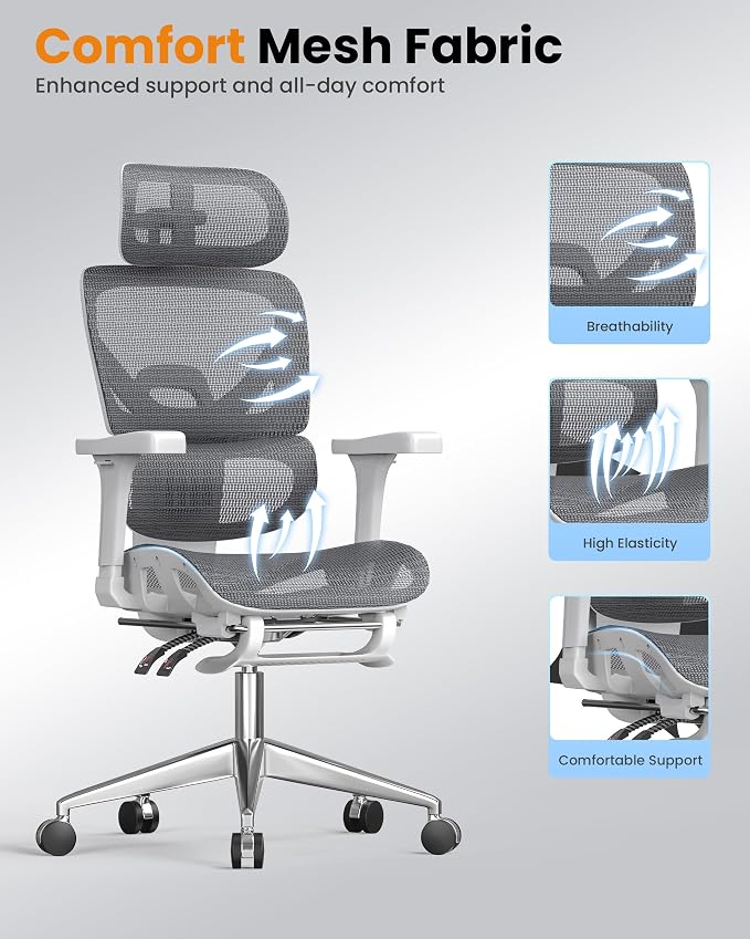 naspaluro Ergonomic Office Chair High Back for Home, Work and Gaming Grey | Mesh Desk Chair with Adjustable Lumbar Support, 3D Headrest and Armrests, Footrest, Swivel Computer Chair 350lbs Capacity