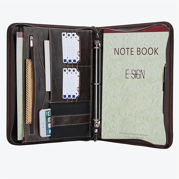 Zippered Padfolio Binder, Faux Leather Organizer with 3-Ring Binder, Left-Handed Design, Business Card Slots & Document Folders - Professional Padfolio for Office (Dark Brown)