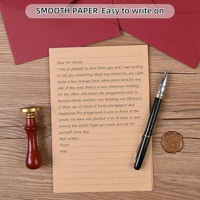 48 Pieces Stationery Set with Envelopes (24 Kraft Paper Sheets + 12 Linen Texture Envelopes+12 Wax Seal Stickers), Stationery Letter Writing Paper Set for Love Letters and Party Invitations (Red)