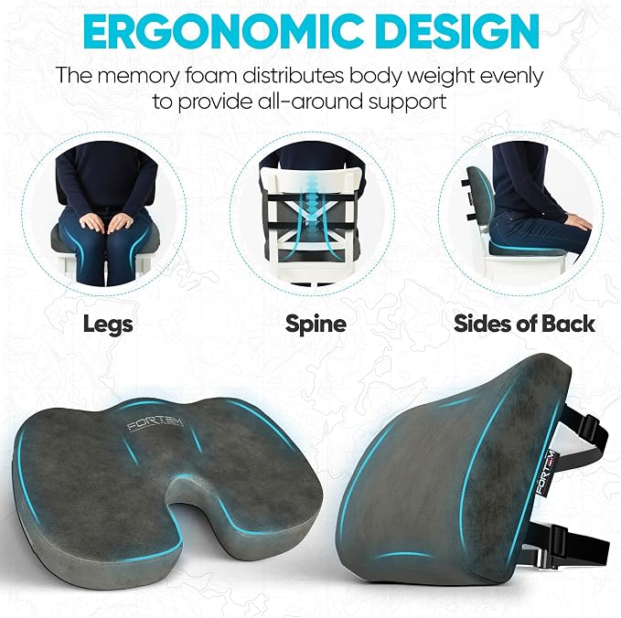 FORTEM Seat Cushion, Office Chair Cushion, Lumbar Support Pillow for Office Chair, Memory Foam Car Seat Cushions, Sciatica Coccyx Tailbone Pain Relief, Cushions for Back Support, Washable, Non Slip