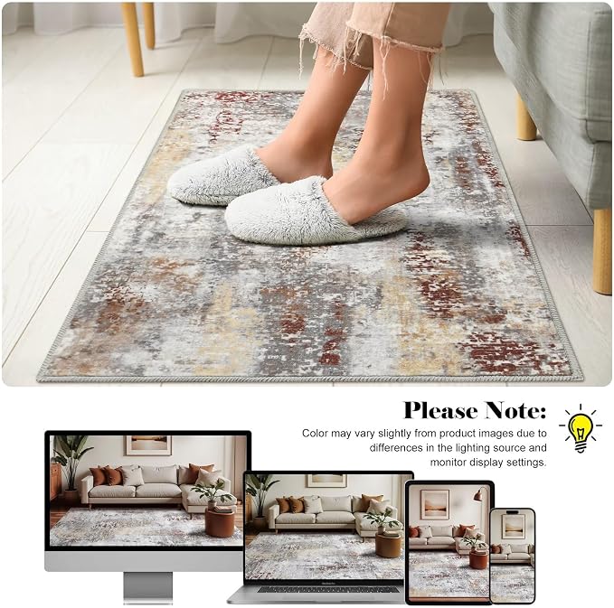 Macgace Washable Abstract Rug, 2x3 Small Modern Area Rugs with Non-Slip Rubber Backed for Kitchen, Thin but Soft Throw Carpet Bedroom Entryway Front Door Decor, Rusty Brown