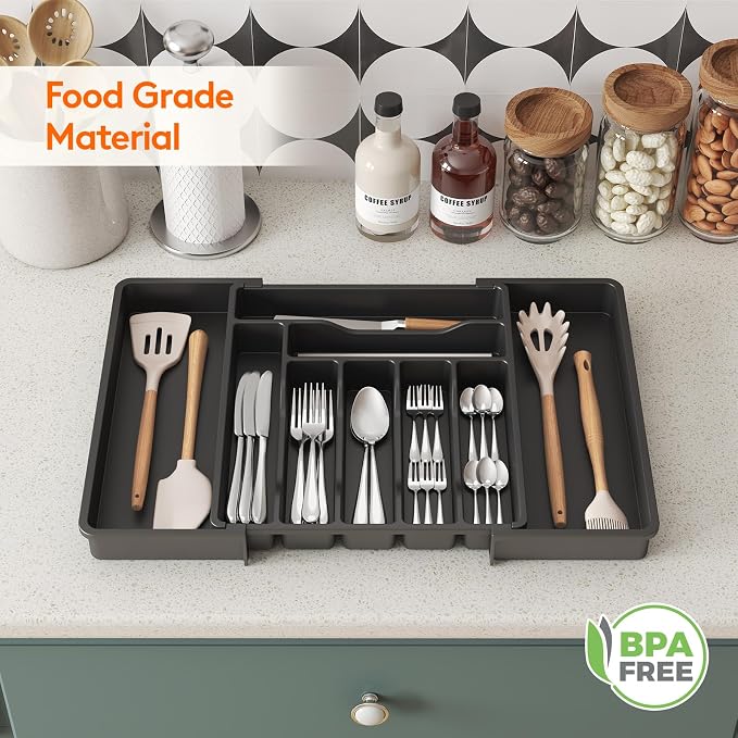 Lifewit Utensil Organizer for Kitchen Drawer, Expandable Cooking Silverware Tray, Adjustable Cutlery Flatware Holder, Plastic Spatula Tools Storage Divider, 13-22.4 x 15", Black