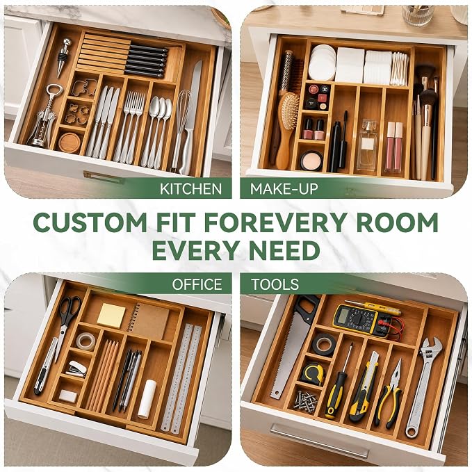 Luxury Teak Expandable Kitchen Drawer Organizer - Cutlery & Utensil Tray | Solid Teak Silverware & Flatware Organizer, 9 Compartments, Removable Knife Block & 2 Adjustable Dividers for Kitchen Cabinet