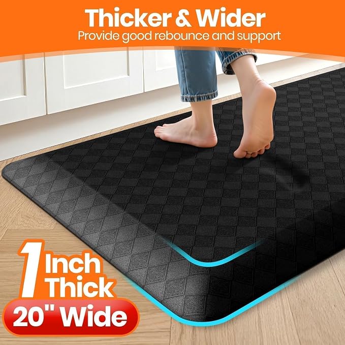 StepRite 1” Thick Kitchen Mats for Floor, Anti Fatigue Kitchen Rugs, Non-Slip,Heavy Duty Water Resistant Kitchen Rug, Standing Desk Mat for Friends, Family, Home, Kitchen, Office (72" x 20", Black)