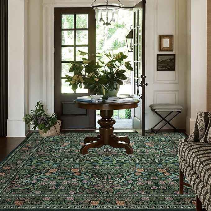 Moss Green 9x9 Square Rug - Soft Washable Boho Floral Living Room Rug Non Slip Stain Resistant Vintage Retro Dark 9' Square Area Rugs for Bedroom Guest Room Dining Room Rugs for Under Table