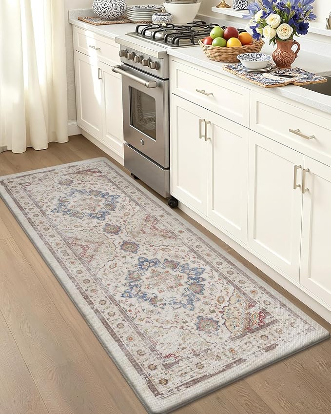 Color&Geometry Kitchen Floor Mat 24x87 Faded Vintage Anti Fatigue, Oatmeal | 0.4in Cushion Standing Mat For Cooking/Working/Laundry, Boho Decor, Non Slip PVC Kitchen Rug, Oil/Water Proof, Anti Slip
