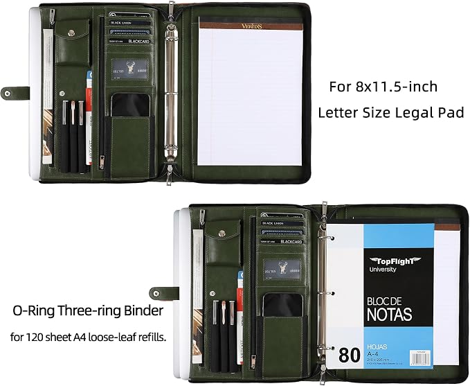 Green Leather Padfolio for Women/Men, Business 3 Ring Portfolio Binder, Personalized Zippered Organizer for A4 Notepad & 13-inch Laptop/Tablet