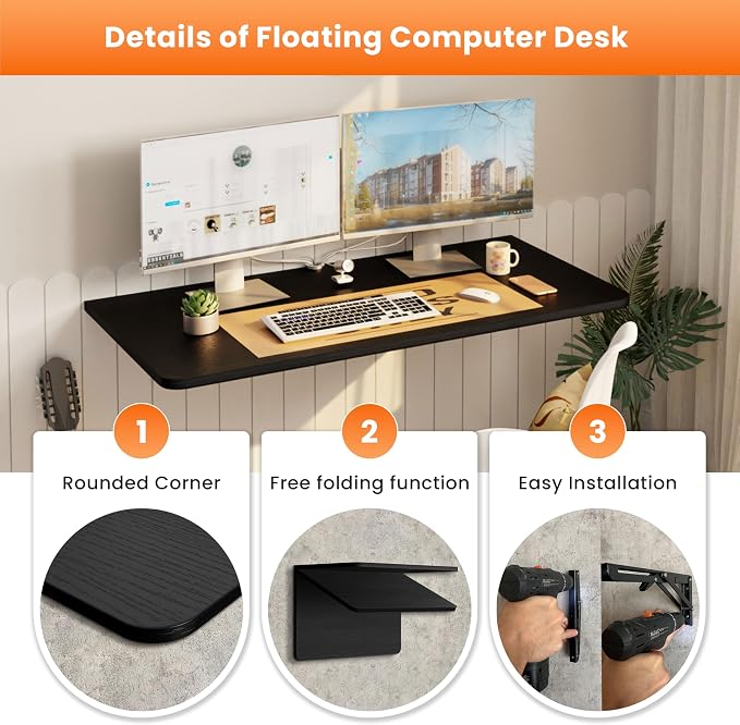 IAE Wall Mounted Floating Foldable Desk, 36" x 22" Folding Computer Workstation Table with Engineered Wood and Metal Shelf Brackets,Fold&Floating Design for Home Office, Apartment,Laundry Room,Black