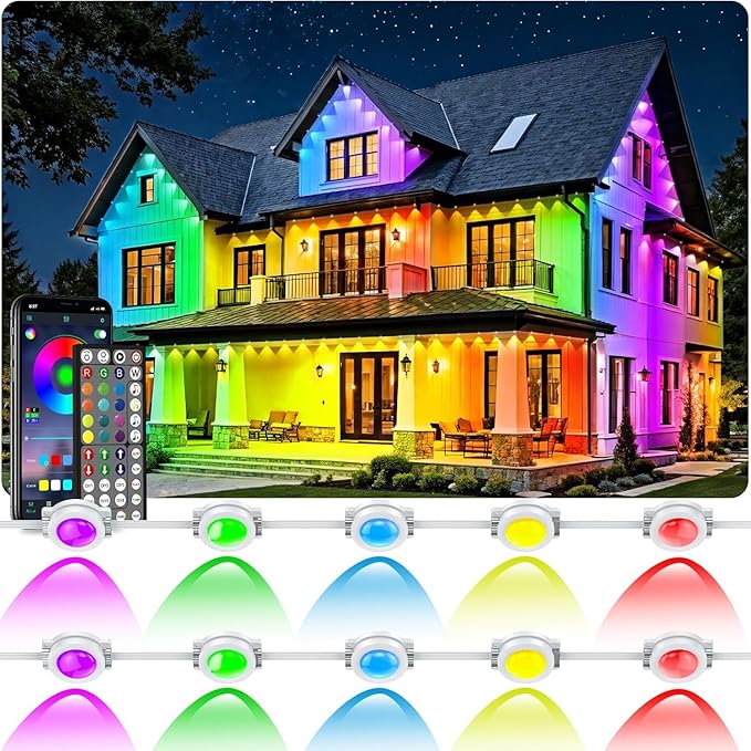 RCUICA 200FT Permanent Outdoor Lights Waterproof with Smart App Control Remote,DIY Scene Modes,Music Sync hronization,Eaves Lights for Garden Decor,Deck,Christmas