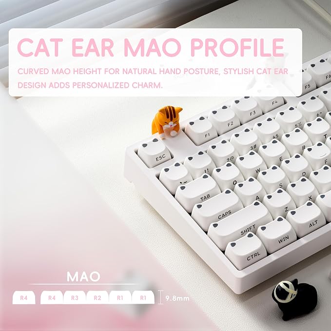 OHY XVX Lumicat Mao Profile Side-Printed Shine-Through PBT Keycaps, 113 Keys Double-Shot Dye-Sublimation Creamy White Keycap Set, Compatible with MX Switches Mechanical Keyboard