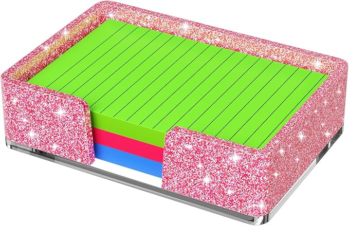 Sticky Note Holder, Glitter Pink Acrylic Notepad Holder 4x6 in Self-Stick Note Dispenser Office Desk Accessories, Memo Pad Holder Organizer for Classroom School Supplies