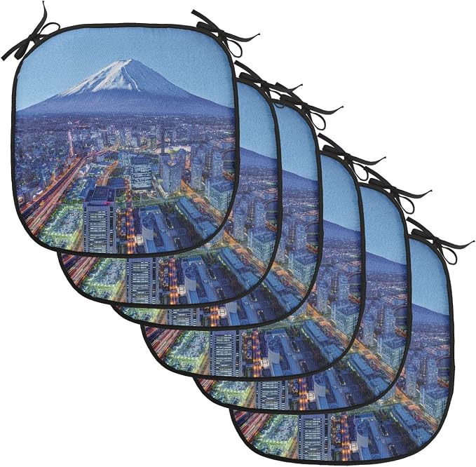 Lunarable Scenery Chair Cushion Pads Set of 6, Skyline of Mt. Hill and Yokohama Japan Financial District Mountain Volcano Landscape, Anti-Slip Seat Padding for Kitchen & Patio, 16"x16", Blue