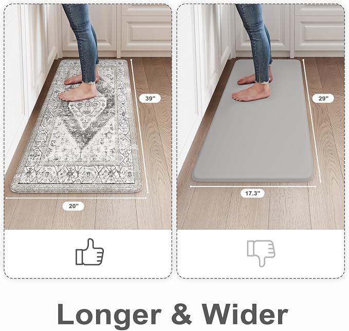 KIMODE Kitchen Mats Cushioned Anti Fatigue, Boho Vintage Kitchen Rugs, Grey 20"x39" Kitchen mats for Floor,Non Slip Kitchen Floor Mat, Comfort Padded Kitchen Floor Mats for Sink Laundry Office Desk