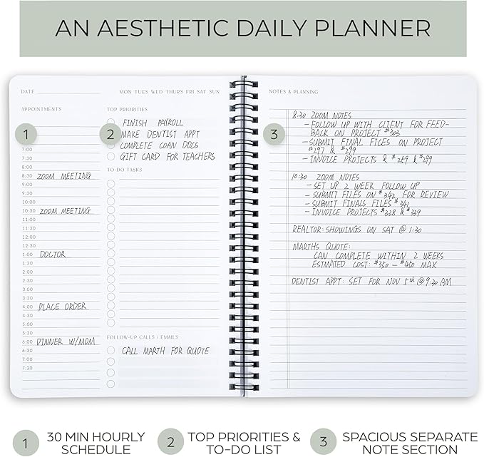 Beautiful Daily Planner And Notebook With Hourly Schedule - Aesthetic Spiral To do List Notepad to Easily Organize Your Work Tasks And Appointments - The Perfect Office Supplies For Women
