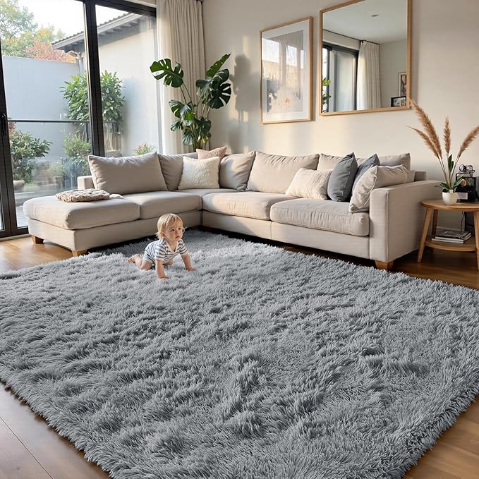 yongyangjuxin Fluffy Rug Shag Area Rug, Light Grey 8x10 Area Rugs for Living Room, Large Shag Area Rugs for Bedroom Room Home Decor, Upgrade Anti-Skid Rectangular Fuzzy Rugs