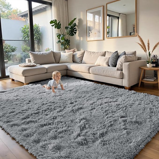 yongyangjuxin Fluffy Rug Shag Area Rug, Light Grey 8x10 Area Rugs for Living Room, Large Shag Area Rugs for Bedroom Room Home Decor, Upgrade Anti-Skid Rectangular Fuzzy Rugs