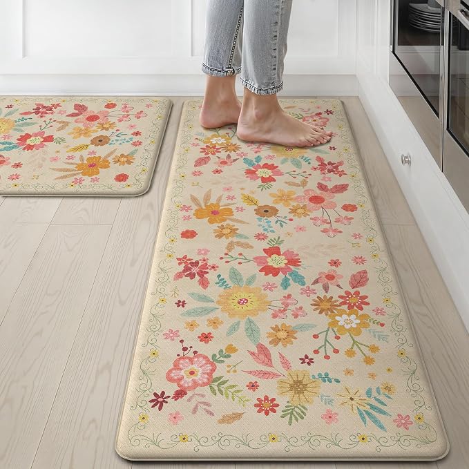 GENIMO Anti Fatigue Kitchen Mats for Floor 2PCS, Cushioned Standing Mats | 17.3"x47"&17.3"x30", Beige vintage floral rug set, waterproof, non slip, easy-clean for farmhouse