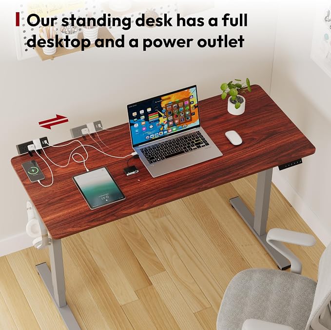 SANODESK Electric Standing Desk with Desk Clamp Power Strip 48"x 24" Whole-Piece Desktop Height Adjustable Stand Up Desk with Cable Management Sit Stand Home Office Desk Silver Frame/Mahogany Top