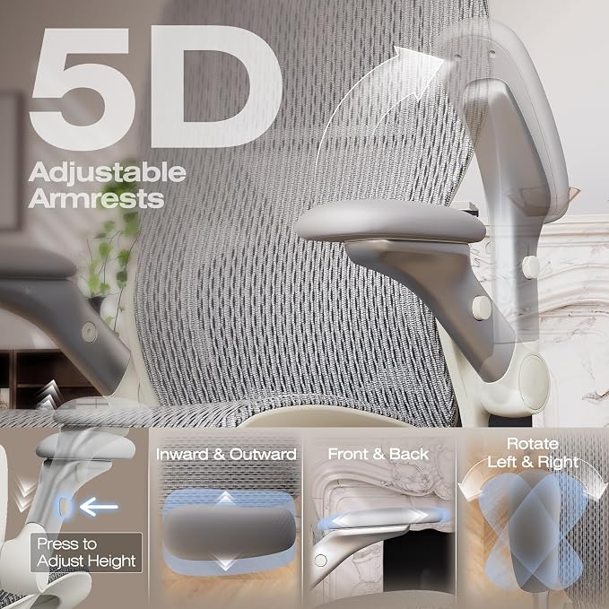 ELABEST X100 Ergonomic Mesh Office Chair with Footrest, Big and Tall Home Desk Chair with 5D Flip-Up Arms, Adjustable 3D Lumbar Support, Gaming & Executive Computer Chair, First Light