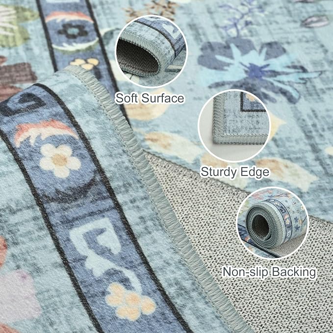 Vasofe 2x3 Area Rug for Bedroom, Small Rugs for Entryway, Kitchen, Bathroom, Non-Slip Washable Carpet Soft Low Pile Vintage Floral Teal Mat Front Door Mats for Indoor Entrance