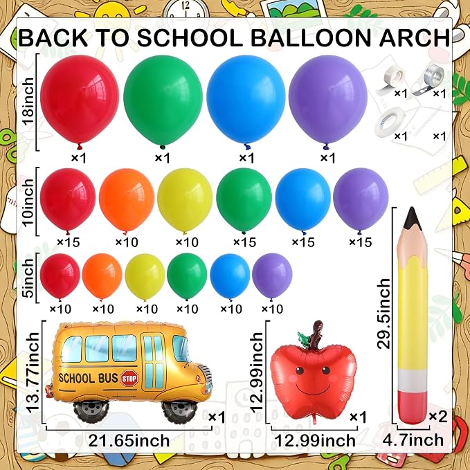 152Pcs Back to School Balloon Arch Garland Kit, Rainbow Latex Balloons and School Bus Apple Pencil Foil Balloon for Classroom Kindergarten Party Decorations, Back to School Event Supplies