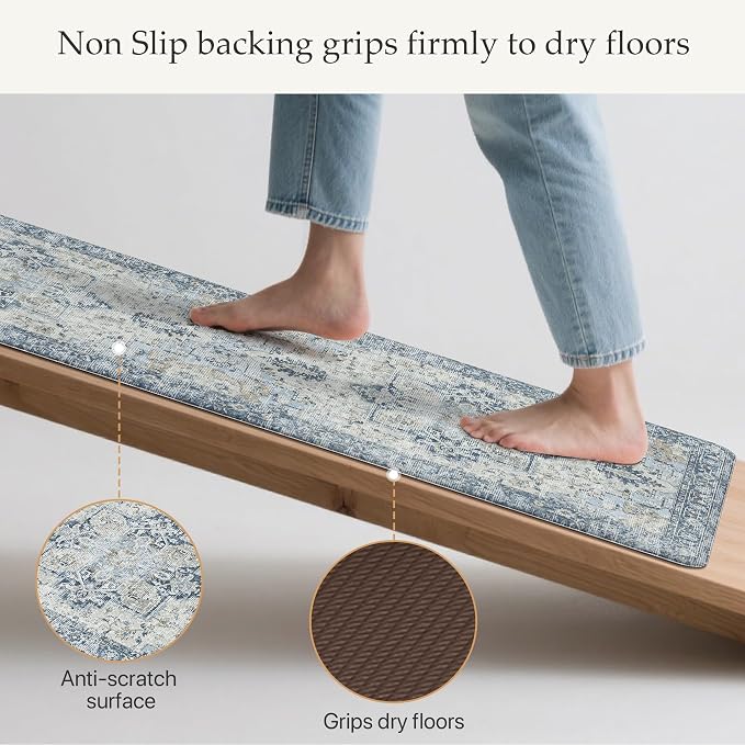 GENIMO Kitchen Mats for Floor 2PCs, Washable Anti Fatigue Mat for Cushioned, 17.3"x47"+17.3"x30", 0.4 inch, Waterproof Kitchen Rug, Non Slip Standing Mat for Home, Runner, Office, Laundry, Light Blue