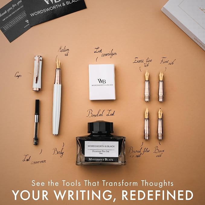 Wordsworth & Black Fountain Pen Gift Set, Includes Ink Bottle, 6 Ink Cartridges, A Refill Converter, 4 Replacement Nibs, Journaling, Calligraphy, Smooth Writing Pens [White Rose Gold]