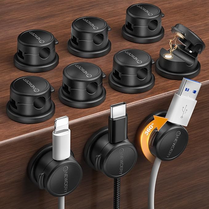 NEWDERY 10pcs Magnetic Cable Clips Cord Organizer Cord Holder Management | Desk Cable Management,360° Rotatable,3M Adhesive Wire Holder,for Home Office Desk Phone Charger Car Wall Nightstand,Black