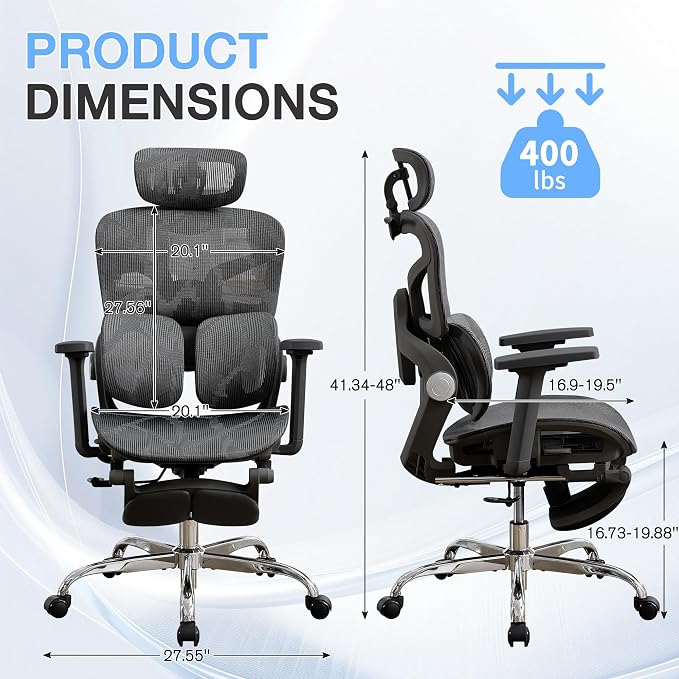 Ergonomic Mesh Office Chair with 2-Zone Lumbar Support and Footrest,Black | Big and Tall, 400LBS, Adjustable Seat Depth, 4D Headrest, 4D Armrests Swivel Executive Chair for Home Office